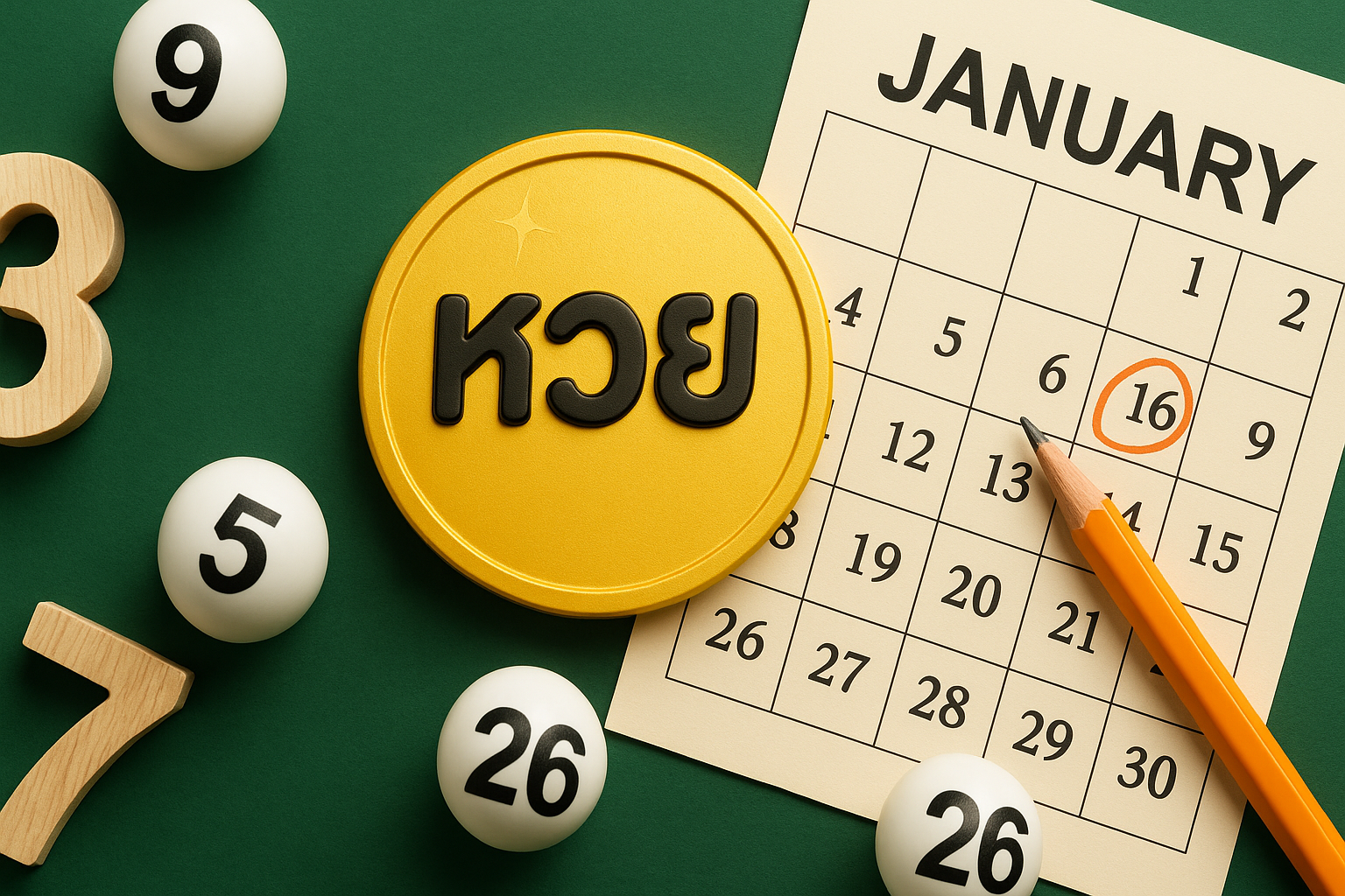a yellow coin with black text next to a calendar and balls